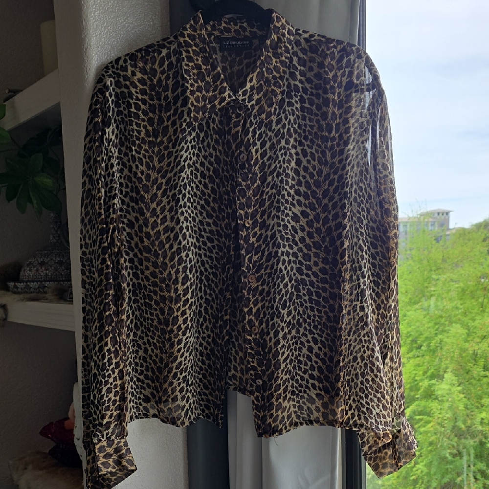 Liz Claiborne Collection Brown Cream Animal Print Button-Front Silk Blouse 12